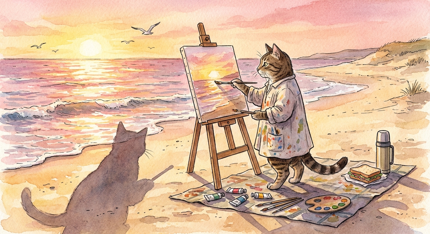 A tabby cat wearing a loose linen smock speckled with paint, standing before a wooden easel on a sandy beach painting the sunset over the ocean, art supplies scattered on a weathered blanket beside a half-eaten sandwich and a thermos, peaceful coastal scene with gentle waves lapping at the shore and seagulls in the distance, warm impressionist storybook style, intense golden-pink sunset light reflecting off the wet sand with the cat's shadow stretching long behind, visible brushstroke texture on the canvas-within-canvas