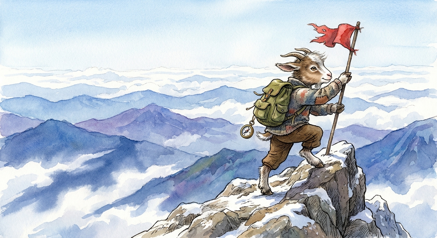 A determined young goat wearing a miniature hiking backpack with a compass dangling from the strap, planting a tiny flag at the peak of a snow-dusted mountain, panoramic vista of layered blue mountain ridges fading into the distance with wispy clouds drifting between the peaks, adventurous and triumphant children's book illustration, crisp bright high-altitude sunlight with dramatic cloud shadows sweeping across the valleys below, wind-swept fur and a fluttering flag with fine detail on the rocky summit texture