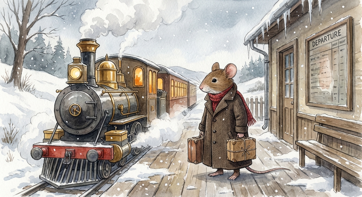 A small mouse in a long wool overcoat and a red knitted scarf, standing on a snow-covered platform holding a tiny suitcase tied with string, waiting beside an old-fashioned steam locomotive with brass fittings puffing white clouds into the cold air, quiet countryside train station with icicles hanging from the eaves, gentle melancholic storybook mood, diffused overcast winter light with warm golden glow spilling from the train windows, snowflakes drifting slowly and a faded departure board on the wall
