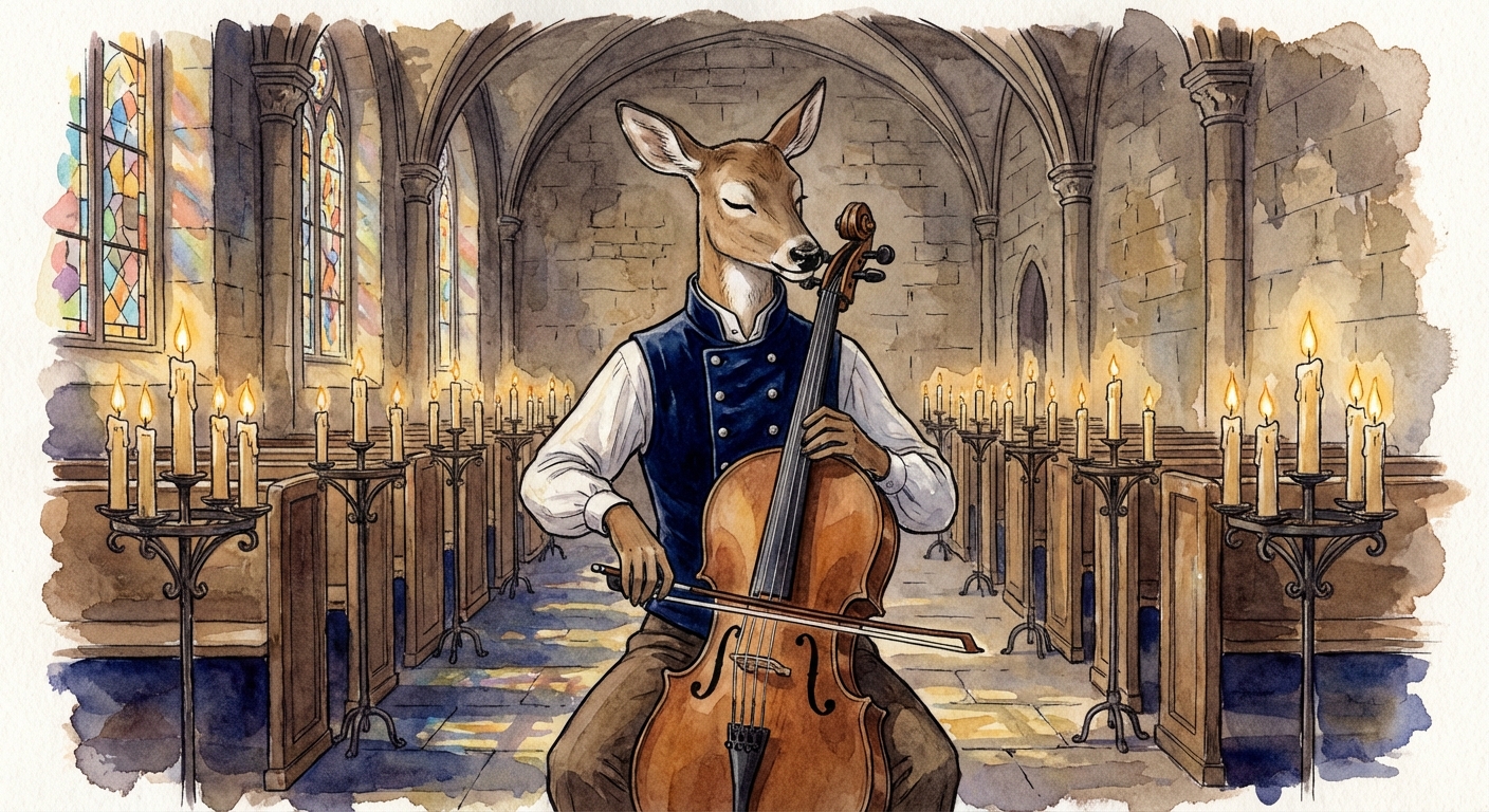 A slender deer wearing a midnight-blue velvet vest with silver buttons, playing a cello with closed eyes and a serene expression in the center of an old stone chapel, rows of lit beeswax candles in iron candelabras lining the aisle and stained-glass windows casting colored light patterns on the floor, intimate and reverent concert hall atmosphere, warm flickering candlelight with multicolored stained-glass reflections, muted earth tones with deep indigo and gold accents and visible watercolor bleed at the vaulted ceiling edges