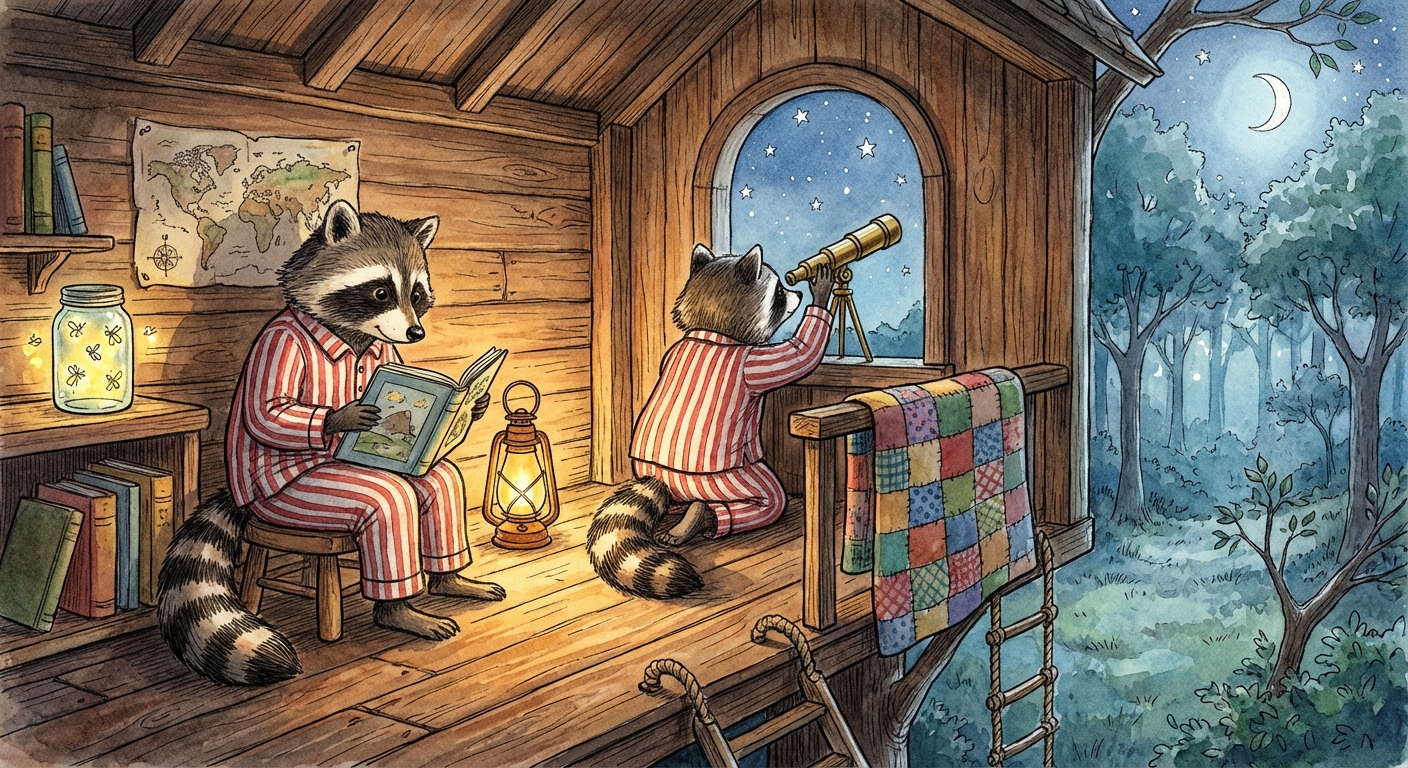 Two raccoon siblings in matching striped pajamas, one reading a picture book by lantern light while the other peers through a small brass telescope pointed at the stars, inside a cozy wooden treehouse with a rope ladder dangling below and a patchwork quilt draped over the railing, magical nighttime forest scene, warm amber lantern glow contrasting with cool silver-blue starlight outside the window, hand-drawn map pinned to the wall and a jar of fireflies on the shelf