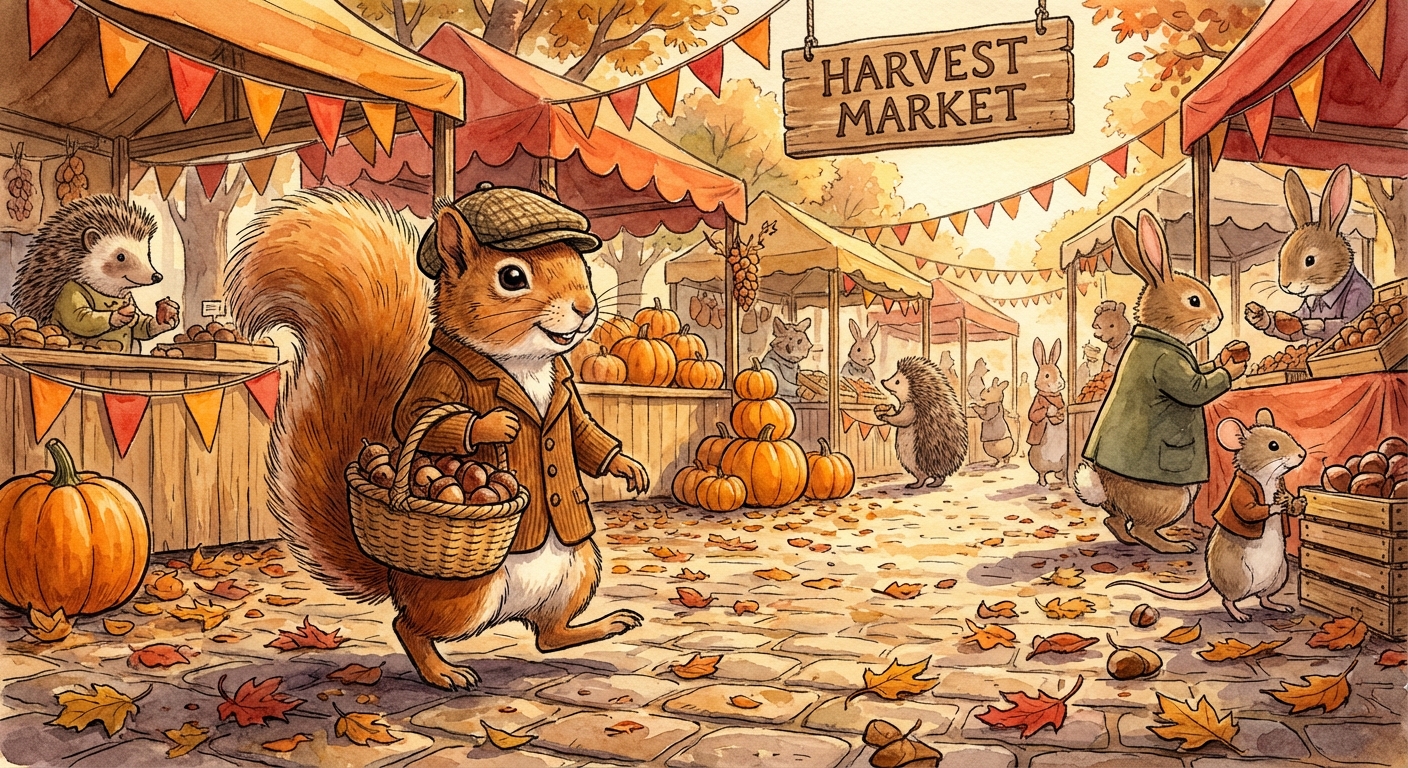 A cheerful squirrel wearing a tiny corduroy jacket and a flat cap, carrying a woven basket overflowing with acorns and chestnuts, walking through a bustling autumn harvest market with wooden stalls draped in orange and red bunting and pumpkins stacked in pyramids