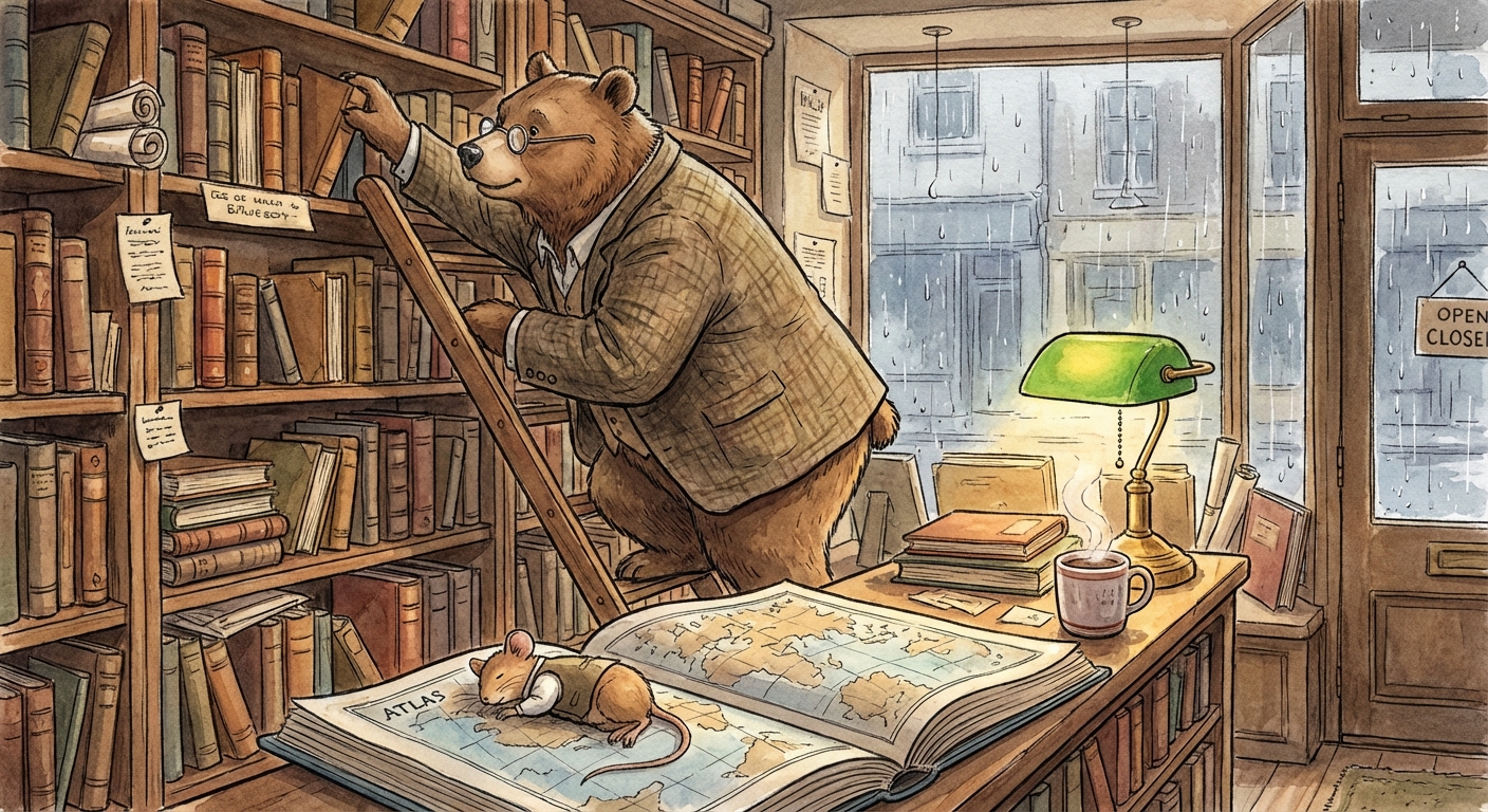 A tall gentle bear wearing a rumpled tweed blazer and reading spectacles, reaching for a book on a high shelf in a cramped second-hand bookshop while a tiny dormouse naps on an open atlas below, floor-to-ceiling shelves overflowing with leather-bound volumes and a rolling library ladder, cozy and cluttered literary storybook atmosphere, soft warm lamplight from a green-shaded desk lamp mixing with grey rain-light from the front window, rain drumming on the glass and a steaming mug of cocoa on the counter