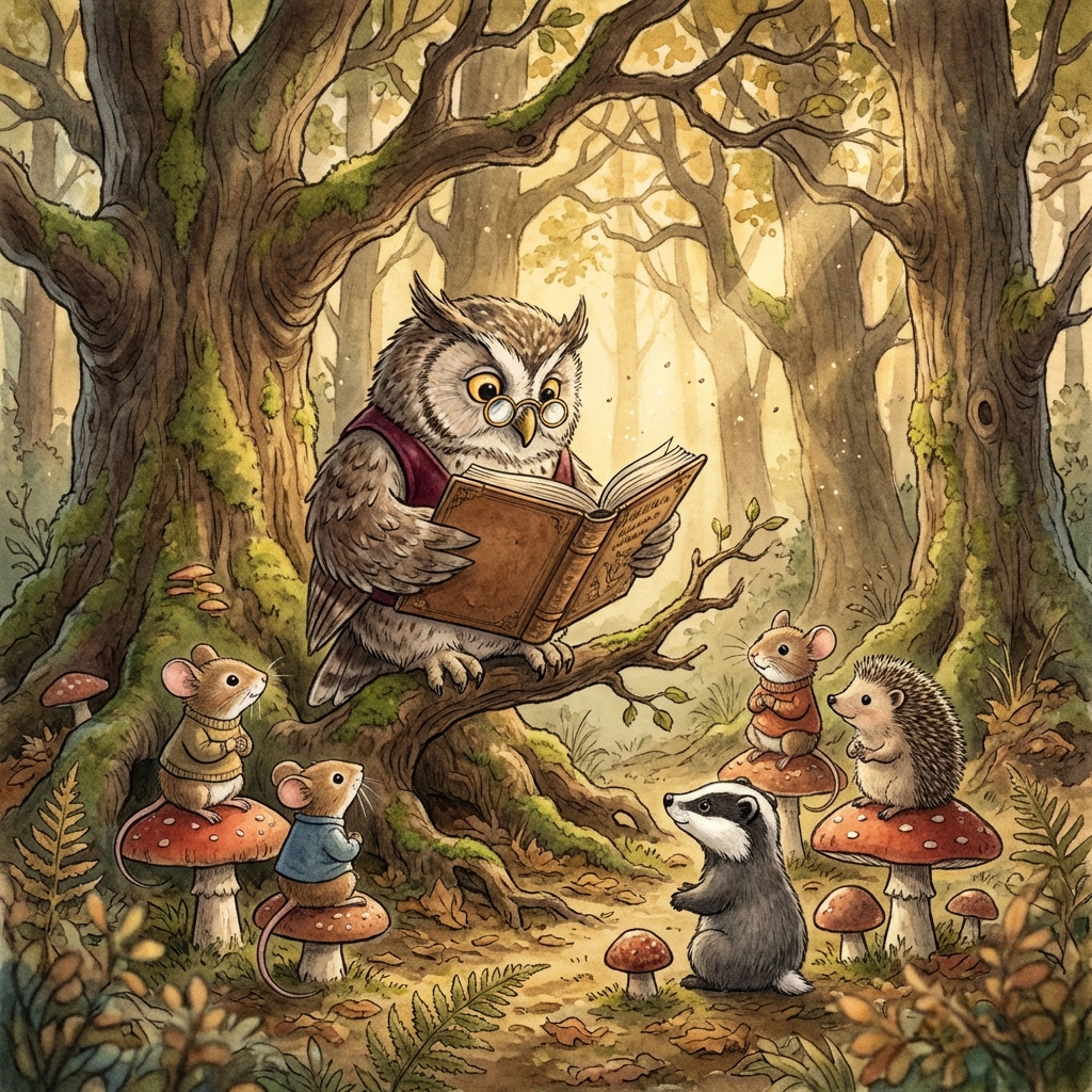 A wise old owl wearing a velvet burgundy waistcoat and half-moon reading glasses, perched on a branch turned into a makeshift lectern, reading aloud from an oversized leather-bound book to a circle of wide-eyed baby woodland creatures sitting on toadstools, deep inside an ancient oak forest